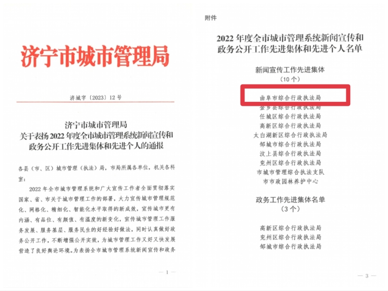 关于表扬2022年度全市城市管理系统新闻宣传和政务公开工作先进单位和先进个人的通报